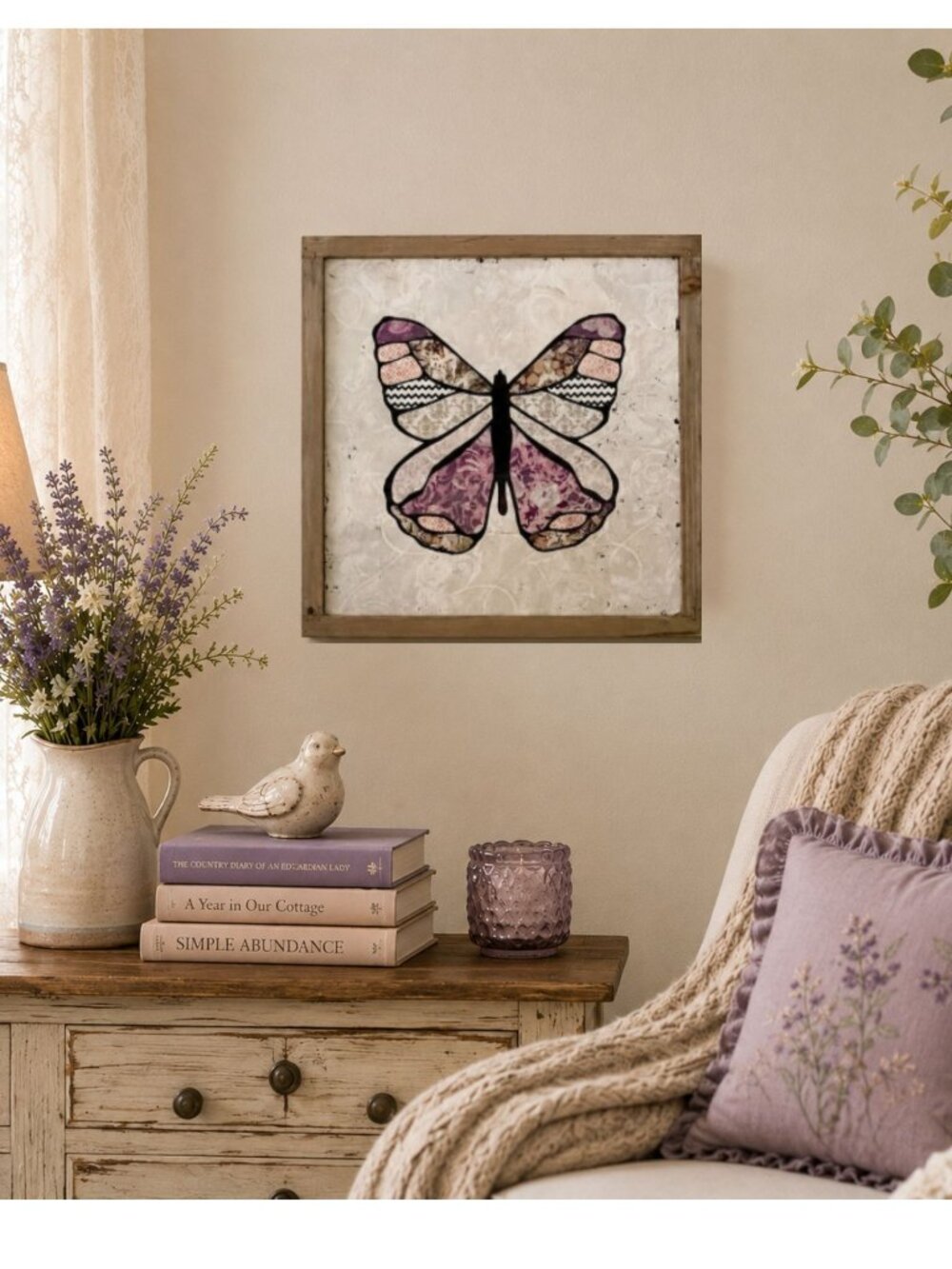 Butterfly Wall Art 14x14 Purple Silver Wood Framed Cottage Decor
